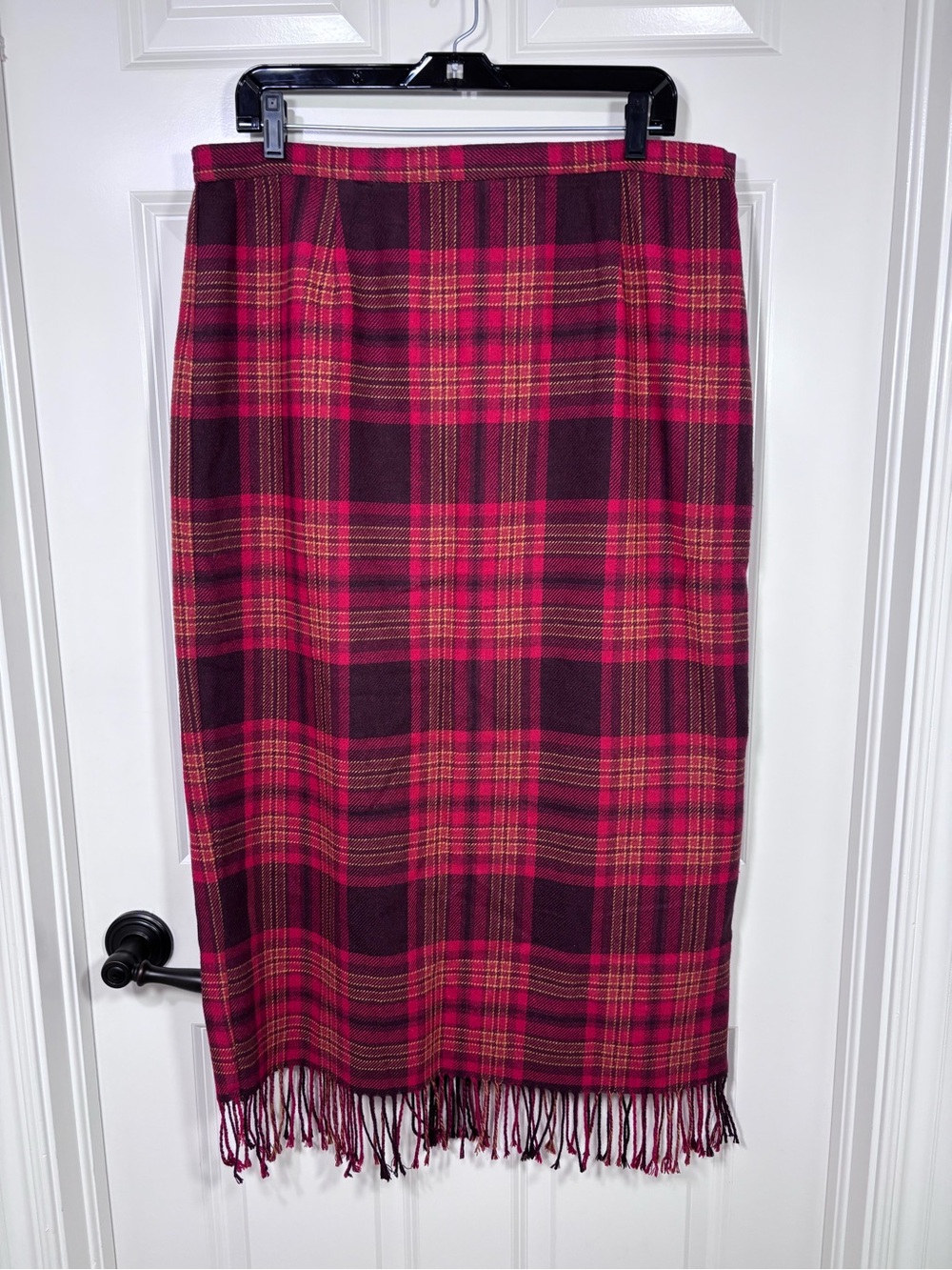 Vintage Requirements Plaid Wool Blend Midi Skirt Women’s 16 Fringe Red